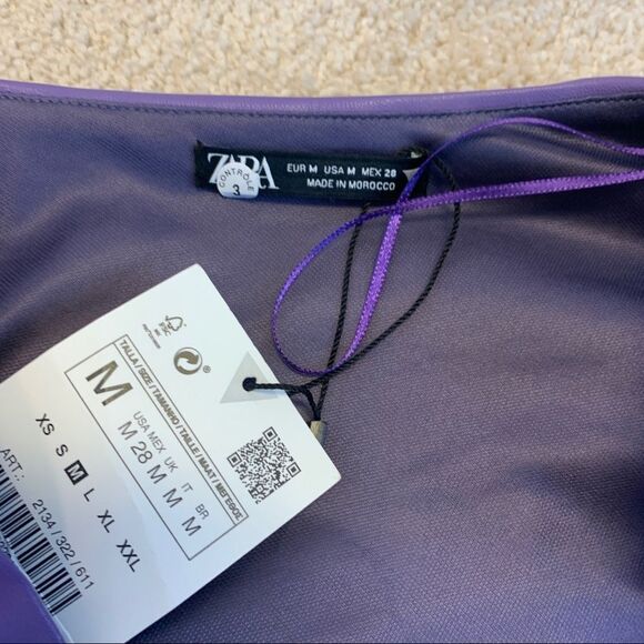 Zara purple faux leather long sleeve V-neck ruched mini dress Sz M NWT - Picture 9 of 13